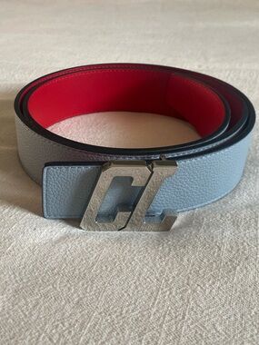 Christian Louboutin Blue and Red  Leather Belt with Silver Buckle